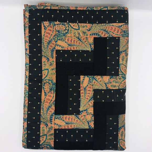 Vintage Handmade And Machine Sewn Wall Hanging Quilt Black Teal Orange 44 X 32 - Picture 8 of 12